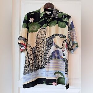 Citron 100% Silk Black and Green Button-Up Shirt